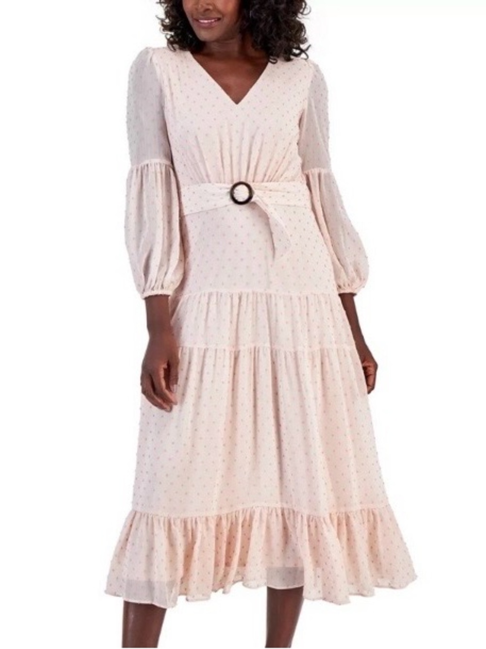 Taylor Cream Polka-Dot V-Neck Tiered Midi Dress
